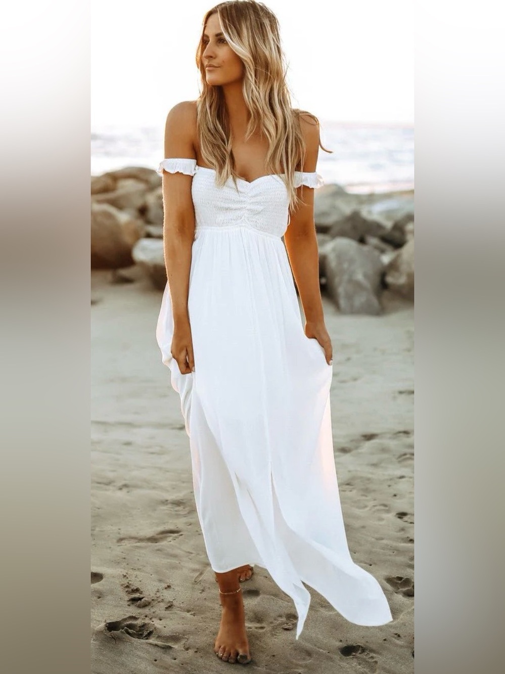 Magnolia Boutique Odella Off Shoulder Dress:Smocked Maxi In Off White